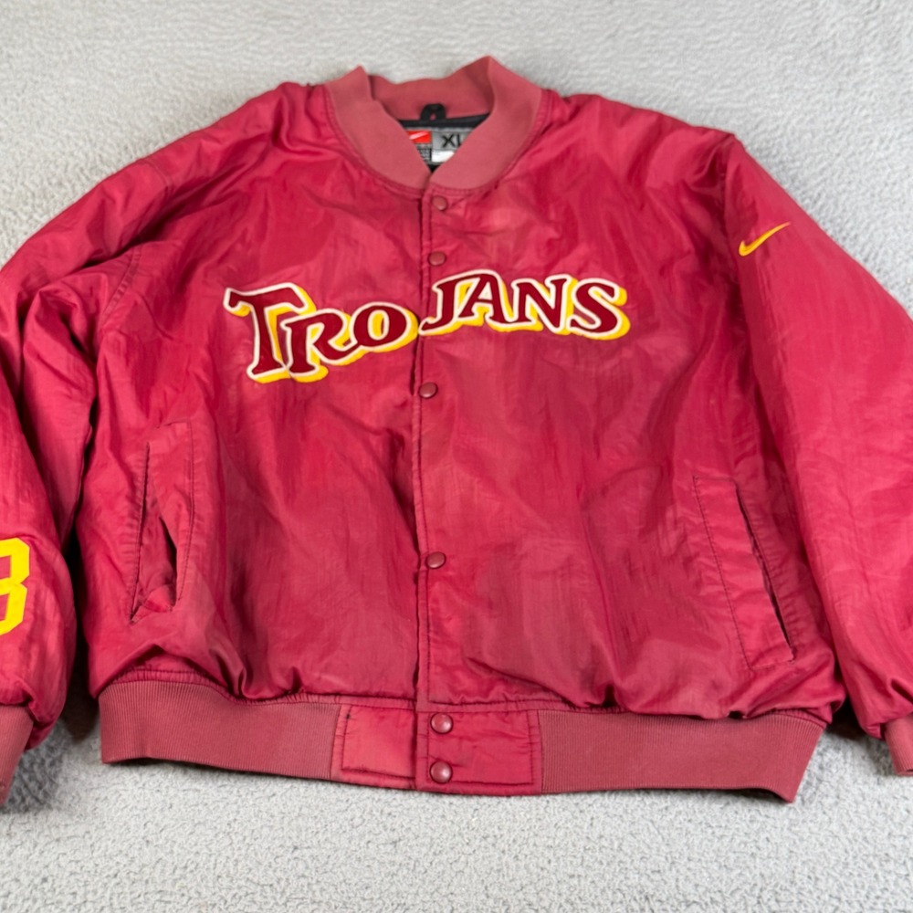 VTG Nike Jacket Mens XL Red USC Trojans Dugout Varsity Snap Up Nylon Faded USA